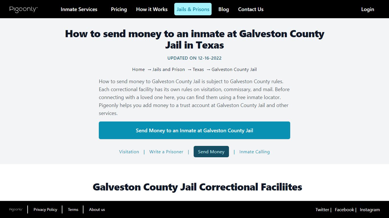 Send Money to Inmate Galveston County Jail, Texas | Pigeonly